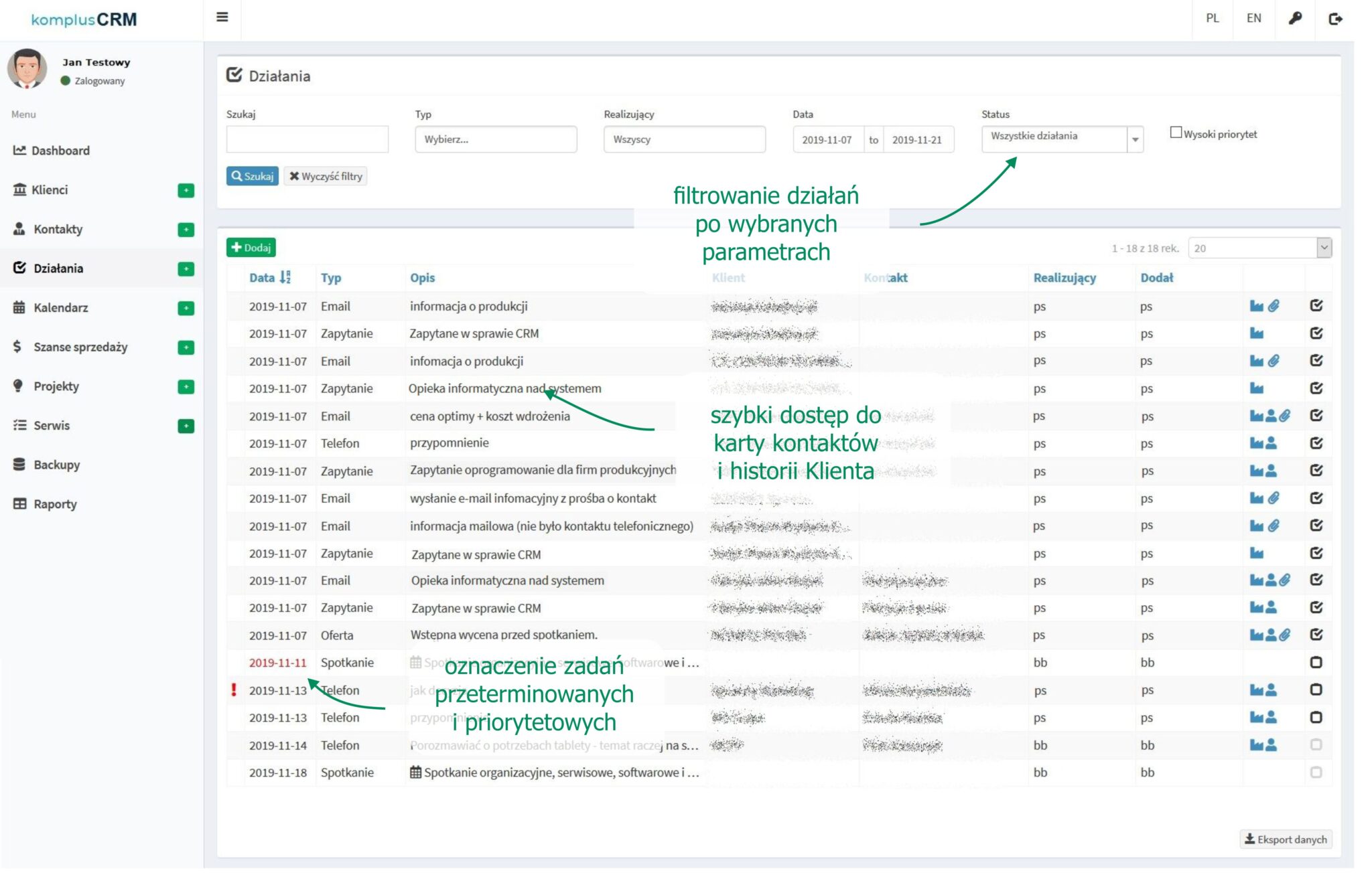 Ekran - system CRM - działania sprzedażowe