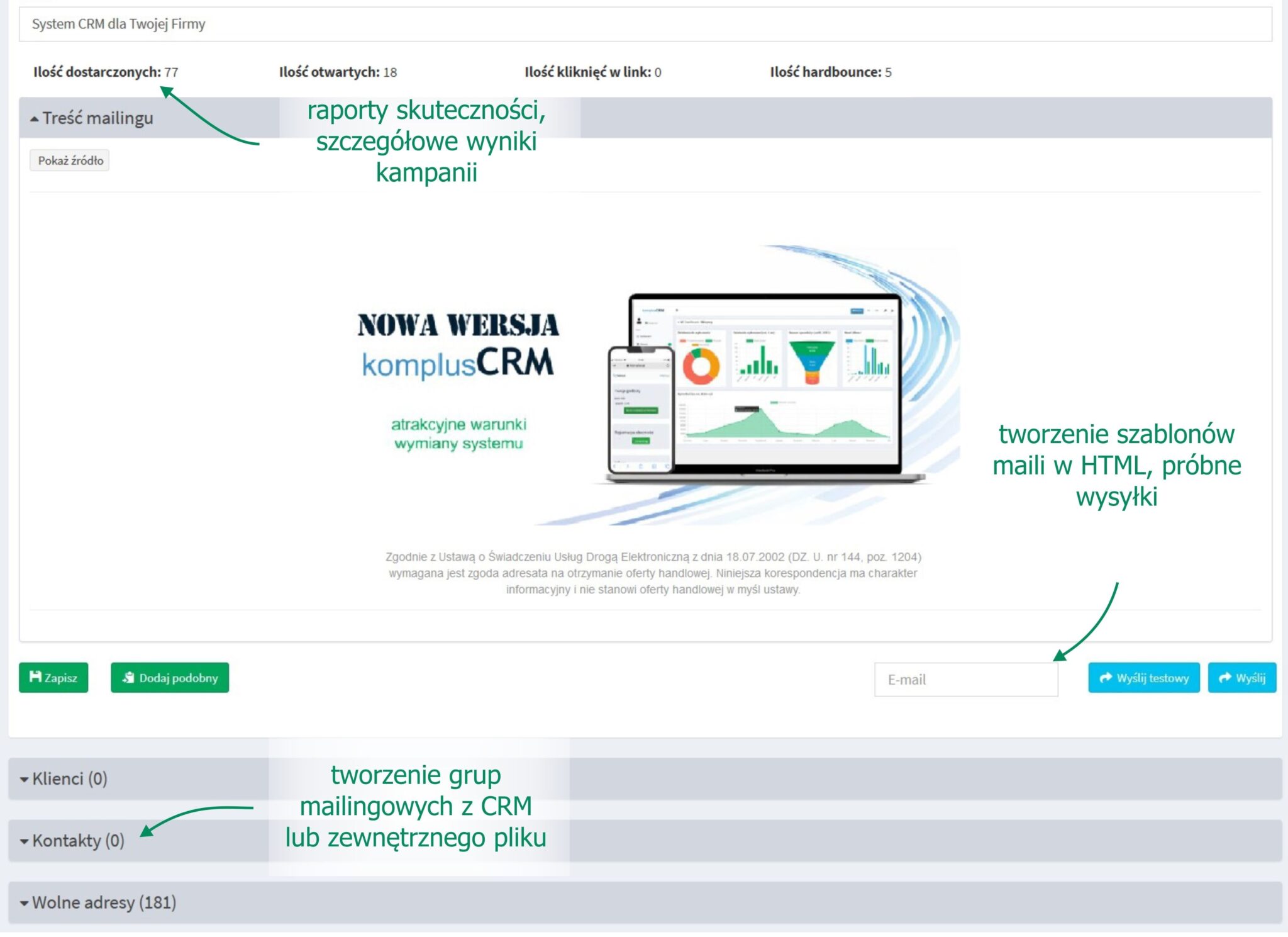 Ekran - system CRM - wysyłka mailingów do klientów