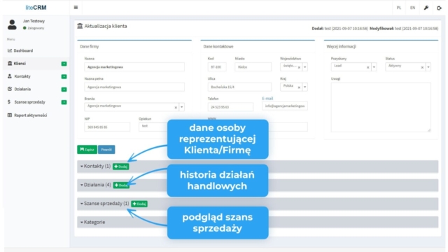 System CRM. Ekran. Historia Klienta