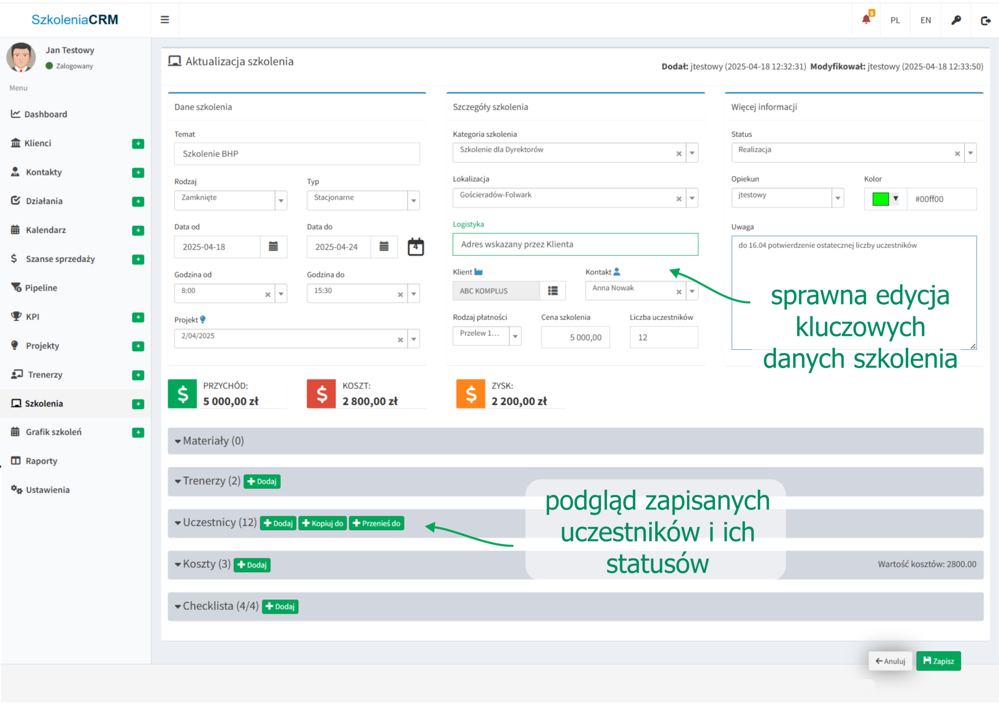 Ekran. system crm dla firm szkoleniowych. Aktualizacja planowanego szkolenia